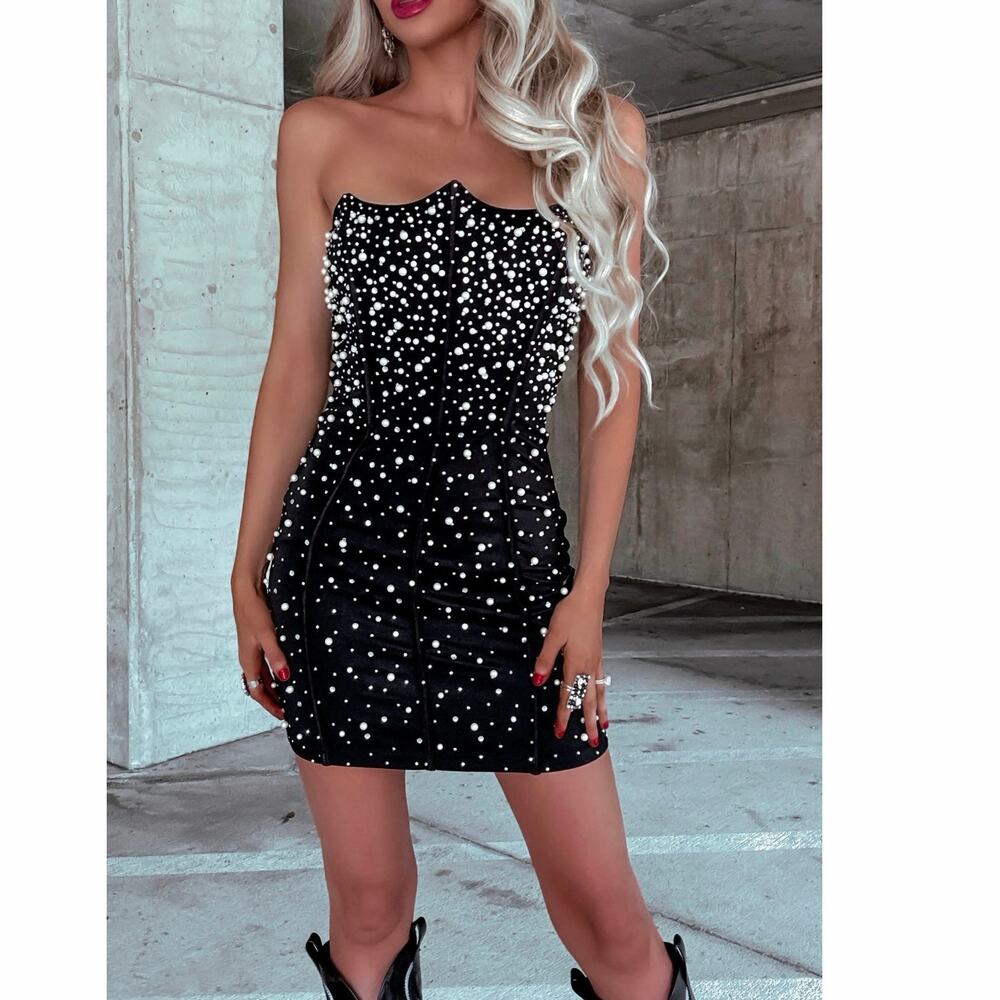 Symphony black strapless pearl rhinestone mini dress sz M party glamorous chic